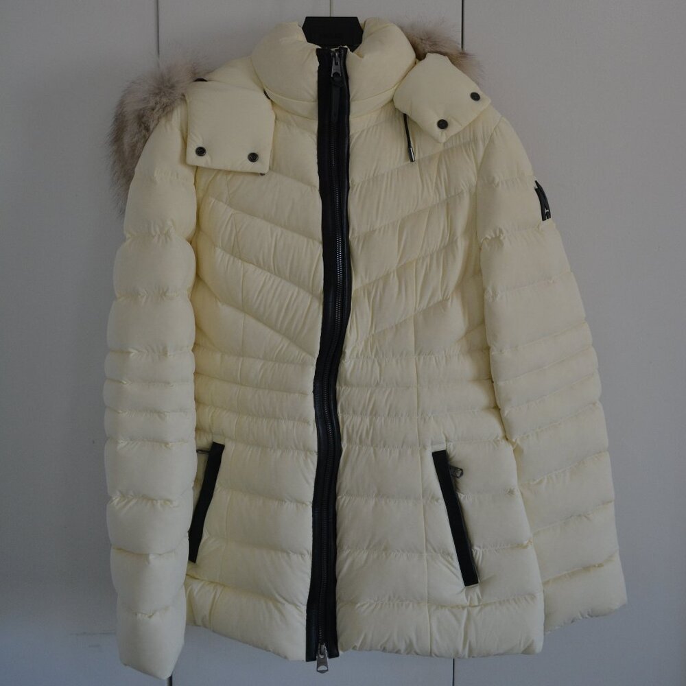 Cream Mackage puffer coat with fur trim hood SMALL